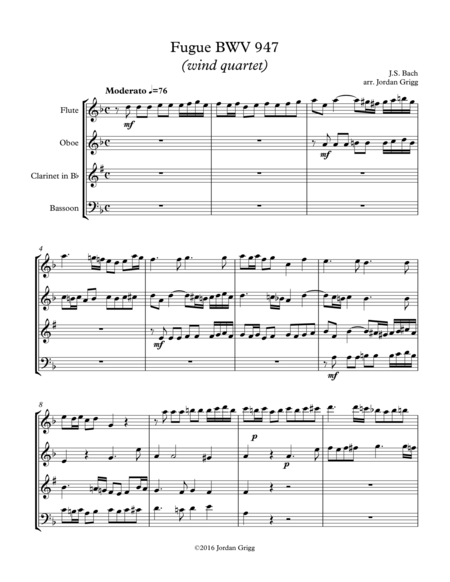 Fugue Bwv 947 Wind Quartet Sheet Music