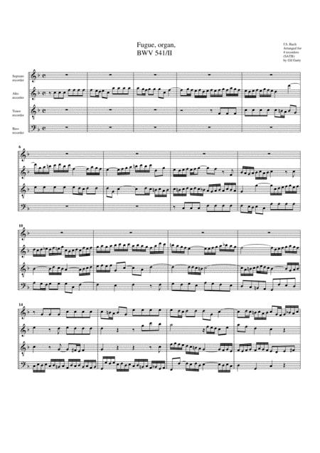 Fugue For Organ Bwv 541 Ii Arrangement For 4 Recorders Sheet Music