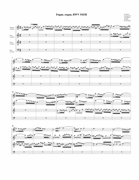 Fugue For Organ Bwv 543 Ii Arrangement For 4 Recorders Sheet Music