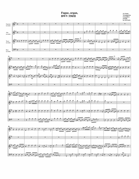 Fugue For Organ Bwv 550 Ii Arrangement For 4 Recorders Sheet Music