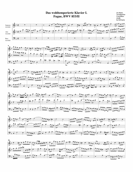 Fugue From Das Wohltemperierte Klavier I Bwv 853 Ii Arrangement For 3 Recorders Sheet Music