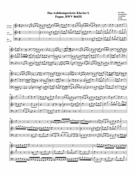 Free Sheet Music Fugue From Das Wohltemperierte Klavier I Bwv 864 Ii Arrangement For 3 Recorders