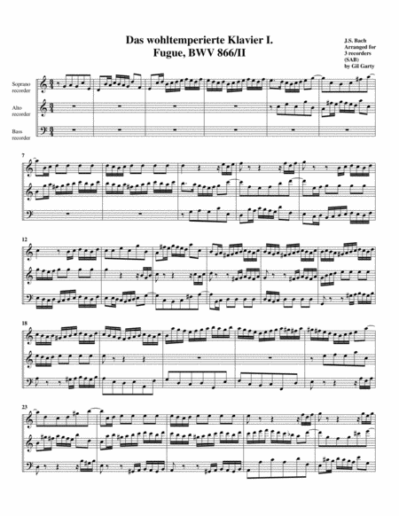 Free Sheet Music Fugue From Das Wohltemperierte Klavier I Bwv 866 Ii Arrangement For 3 Recorders