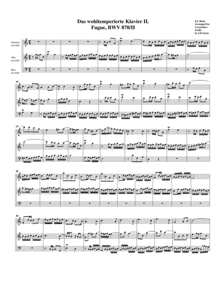 Fugue From Das Wohltemperierte Klavier Ii Bwv 870 Ii Arrangement For 3 Recorders Sheet Music