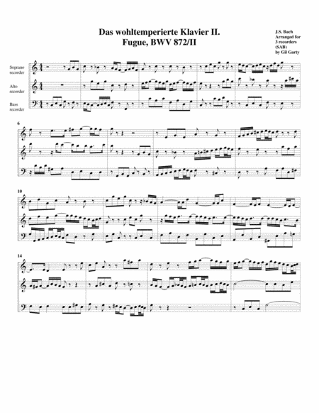 Free Sheet Music Fugue From Das Wohltemperierte Klavier Ii Bwv 872 Ii Arrangement For 3 Recorders