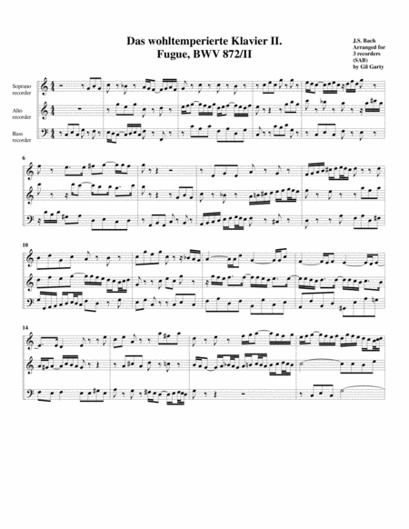 Fugue From Das Wohltemperierte Klavier Ii Bwv 872 Ii Arrangement For 3 Recorders Sheet Music