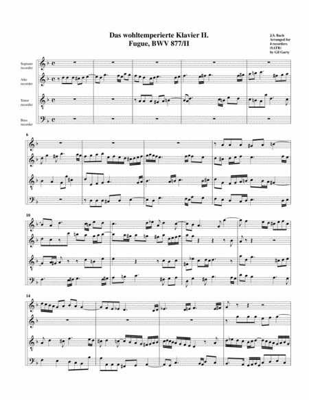 Fugue From Das Wohltemperierte Klavier Ii Bwv 877 Ii Arrangement For 4 Recorders Sheet Music