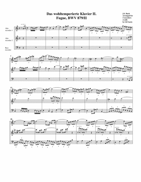 Free Sheet Music Fugue From Das Wohltemperierte Klavier Ii Bwv 879 Ii Arrangement For 3 Recorders