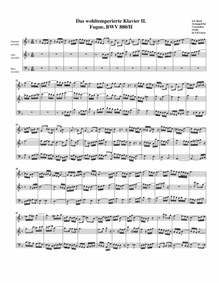 Free Sheet Music Fugue From Das Wohltemperierte Klavier Ii Bwv 880 Ii Arrangement For 3 Recorders