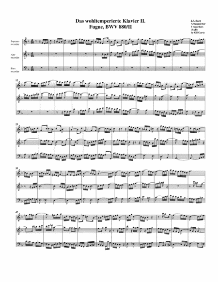 Fugue From Das Wohltemperierte Klavier Ii Bwv 880 Ii Arrangement For 3 Recorders Sheet Music