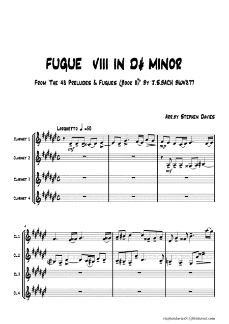 Free Sheet Music Fugue In D Minor No 8 From The Well Tempered Clavier Book 2 By Js Bach For Clarinet Quartet