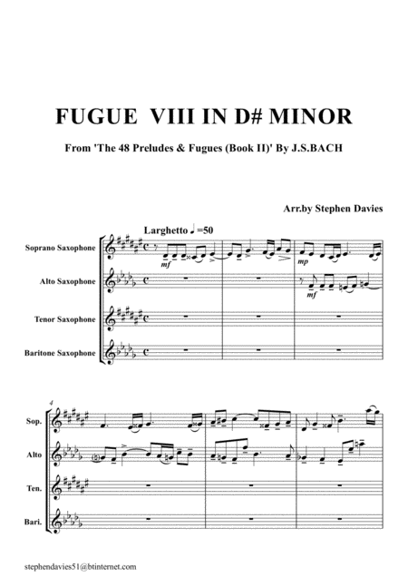 Free Sheet Music Fugue In D Minor No 8 From The Well Tempered Clavier Book 2 By Js Bach For Saxophone Quartet