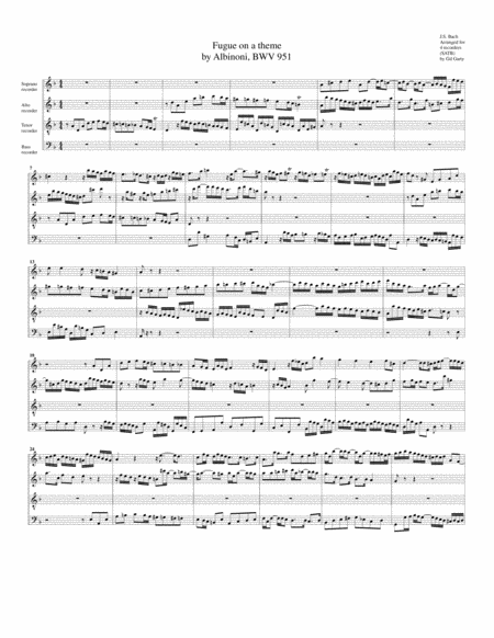 Free Sheet Music Fugue On A Theme By Albinoni Bwv 951 Arrangement For 4 Recorders