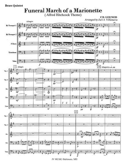 Funeral March Of A Marionette For Brass Quintet Alfred Hitchcock Theme Sheet Music