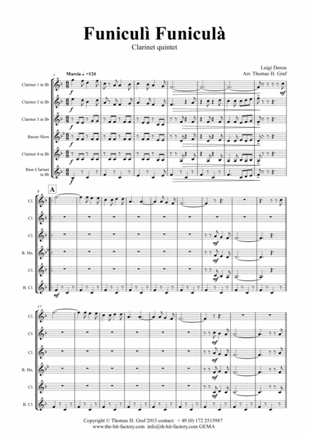 Funiculi Funicula Italian Evergreen Clarinet Quintet Sheet Music