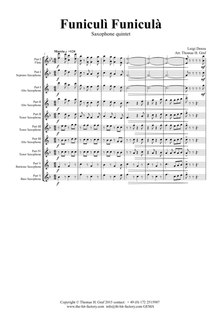 Funiculi Funicula Italian Evergreen Saxophone Quintet Sheet Music