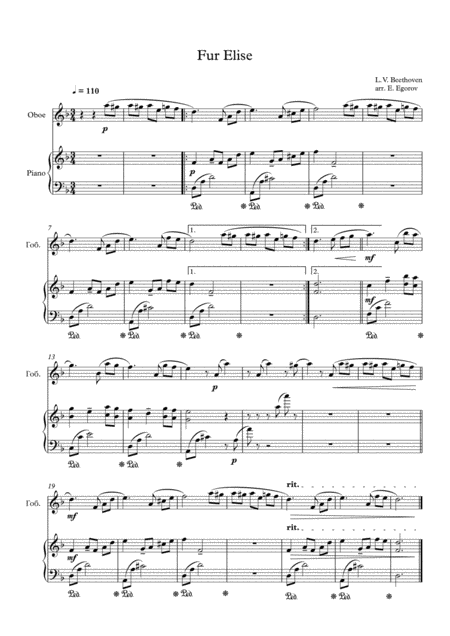 Free Sheet Music Fur Elise Ludwig Van Beethoven For Oboe Piano