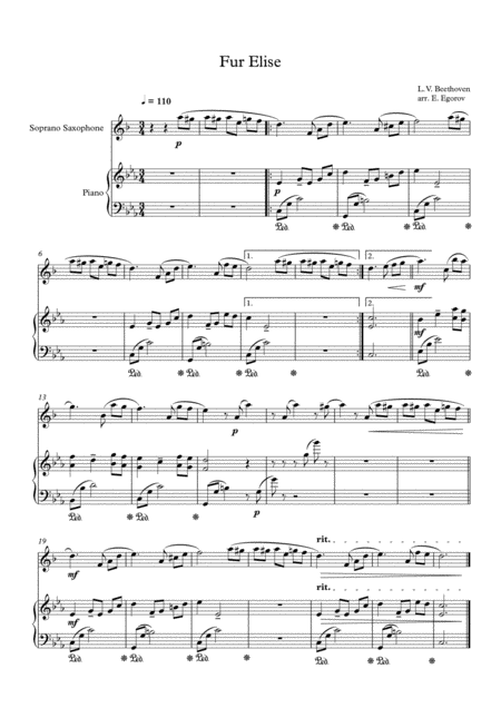 Free Sheet Music Fur Elise Ludwig Van Beethoven For Soprano Saxophone Piano