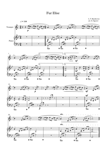 Fur Elise Ludwig Van Beethoven For Trumpet Piano Sheet Music