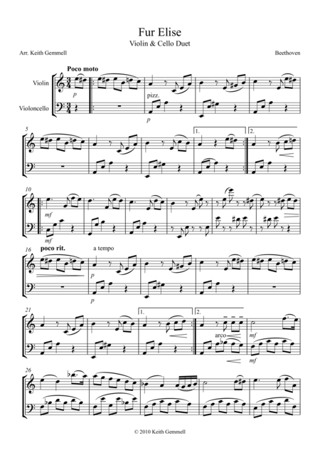 Fur Elise Violin Cello Duet Sheet Music