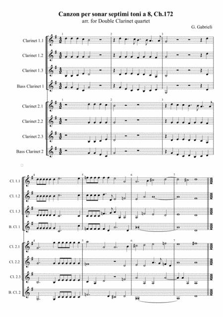 G Gabrieli Canzon Per Sonar Septimi Toni A 8 Ch 172 Arr For Double Clarinet Quartet Sheet Music