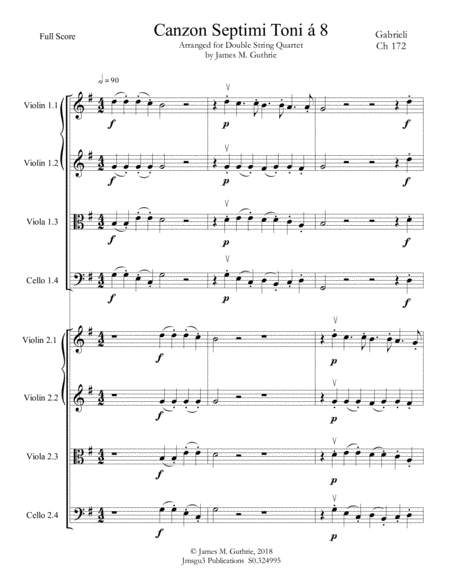 Free Sheet Music Gabrieli Canzon Septimi Toni Ch 172 For Double String Quartet