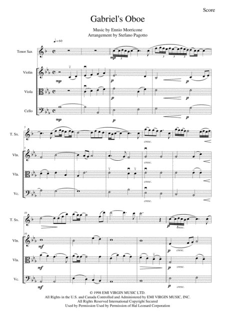 Free Sheet Music Gabriels Oboe Nella Fantasia For Clarinet Trumpet Tenor Sax Or Any Bb Instrument And String Trio From The Mission Soundtrack