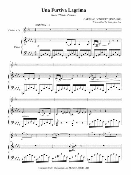 Gaetano Donizetti Una Furtiva Lagrima For Clarinet And Piano Arr Seunghee Lee Sheet Music