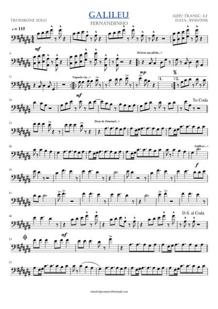 Galileu Trombone Solo Sheet Music