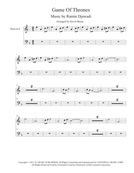 Game Of Thrones Easy Key Of C Horn In F Sheet Music