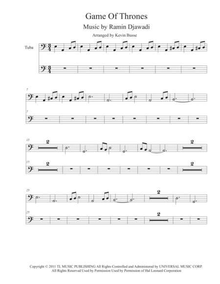 Game Of Thrones Easy Key Of C Tuba Sheet Music