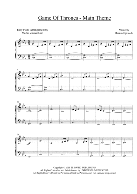 Game Of Thrones Main Theme Easy Piano Sheet Music