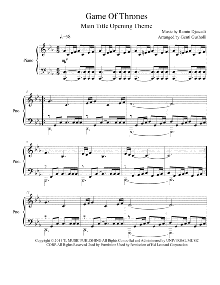 Free Sheet Music Game Of Thrones Main Title Opening Theme Piano Solo