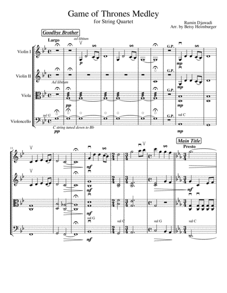 Game Of Thrones Medley For String Quartet Sheet Music