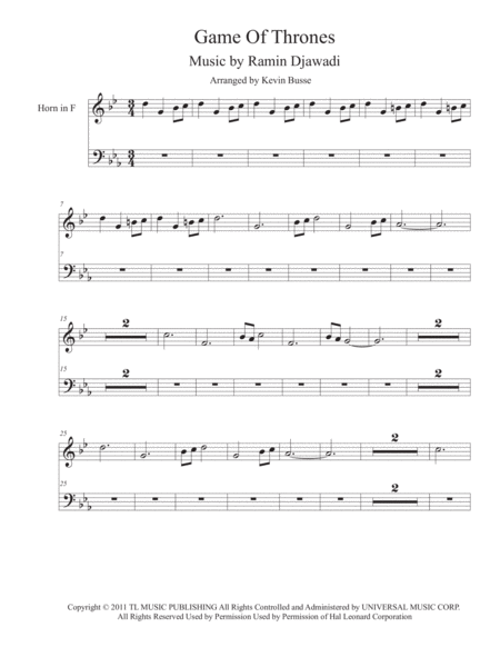 Free Sheet Music Game Of Thrones Original Key Horn In F