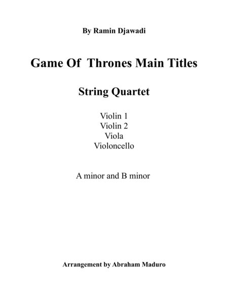 Game Of Thrones String Quartet Arrangement Two Tonalities Included Sheet Music