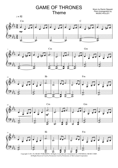 Free Sheet Music Game Of Thrones Theme Easy Piano Sheet