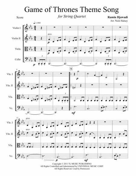 Free Sheet Music Game Of Thrones Theme Song String Quartet