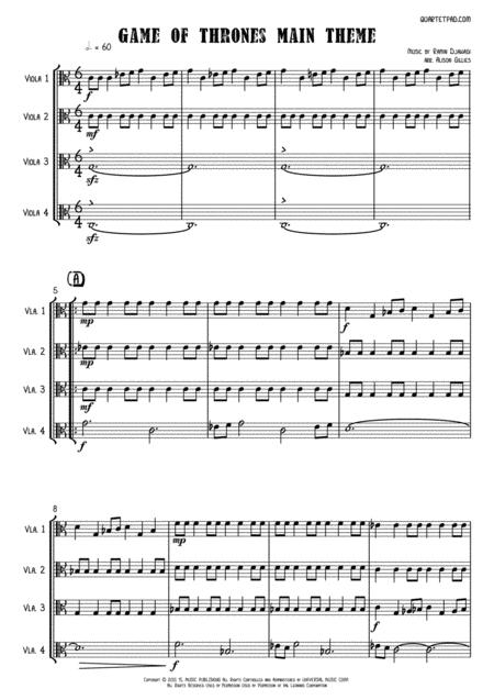 Game Of Thrones Theme Viola Quartet Sheet Music