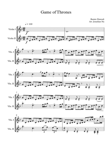 Free Sheet Music Game Of Thrones Title Violin Duet