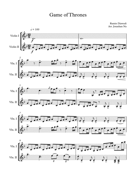 Game Of Thrones Title Violin Duet Sheet Music