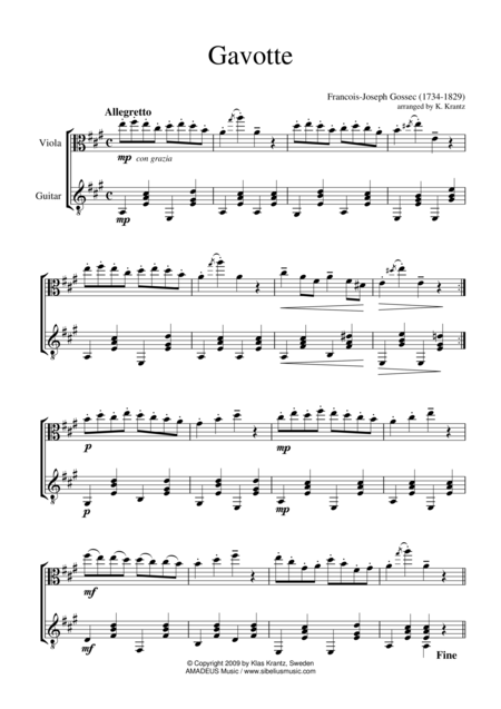 Free Sheet Music Gavotte For Viola And Guitar