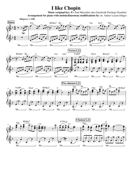 Gazebo I Like Chopin Arrangement For Piano Solo Including Separate Lead Sheet Early Intermediate Level Sheet Music