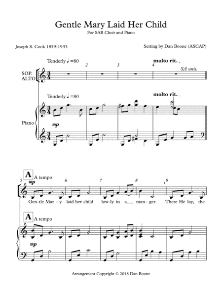 Gentle Mary Laid Her Child Sab Version Sheet Music