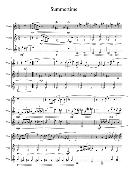 Free Sheet Music George Gershwin Summertime For 3 Violins