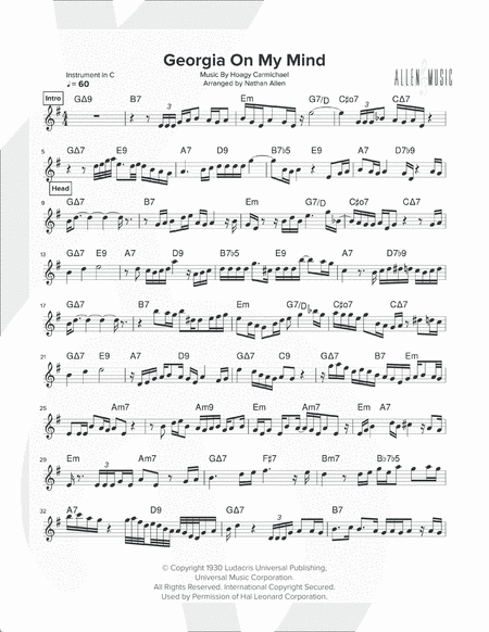 Georgia On My Mind Allen Music C Instruments Sheet Music