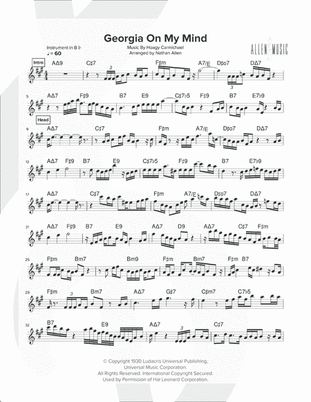 Free Sheet Music Georgia On My Mind Allen Music Tenor Saxophone