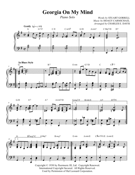 Georgia On My Mind Piano Solo Or Small Jazz Ensemble Sheet Music