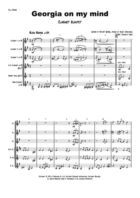 Georgia On My Mind Ray Charles Clarinet Quintet Sheet Music