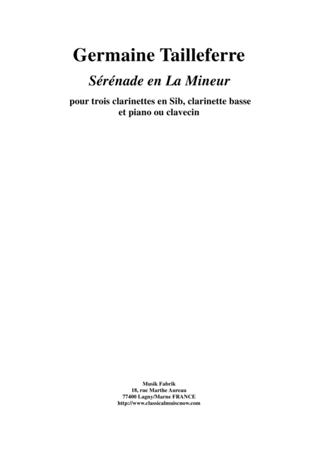 Germaine Tailleferre Srnade En La Mineur For 3 Bb Clarinets Bass Clarinet And And Piano Or Harpsichord Sheet Music